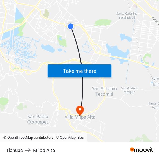 Tláhuac to Milpa Alta map