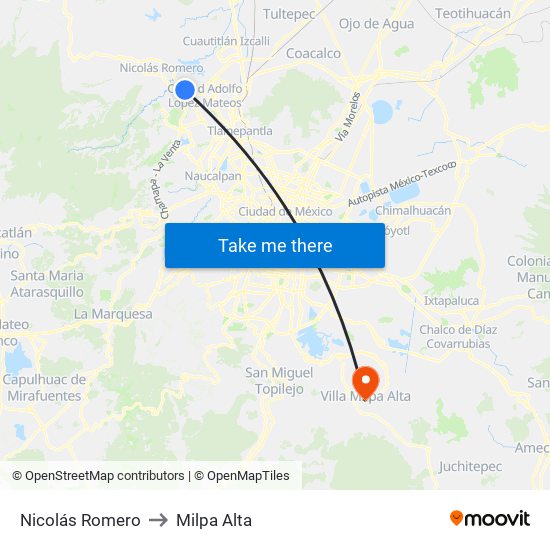 Nicolás Romero to Milpa Alta map