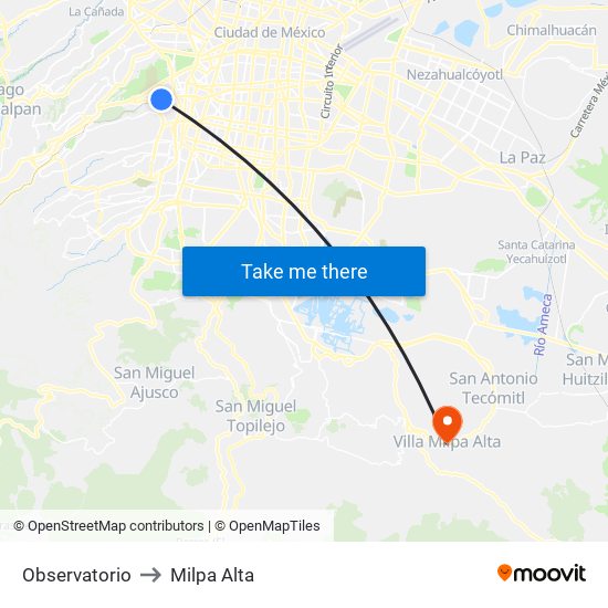 Observatorio to Milpa Alta map