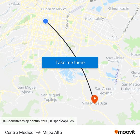 Centro Médico to Milpa Alta map