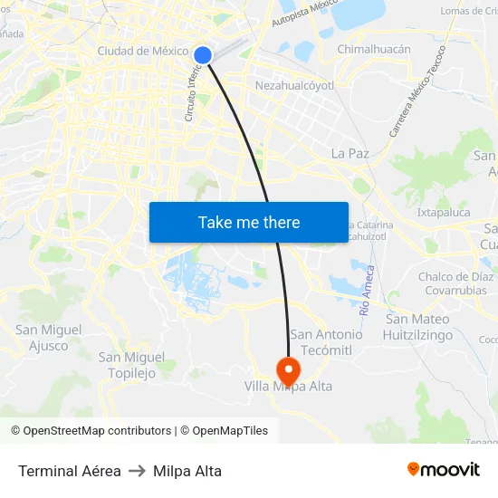 Terminal Aérea to Milpa Alta map