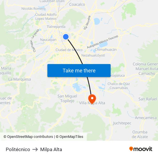 Politécnico to Milpa Alta map