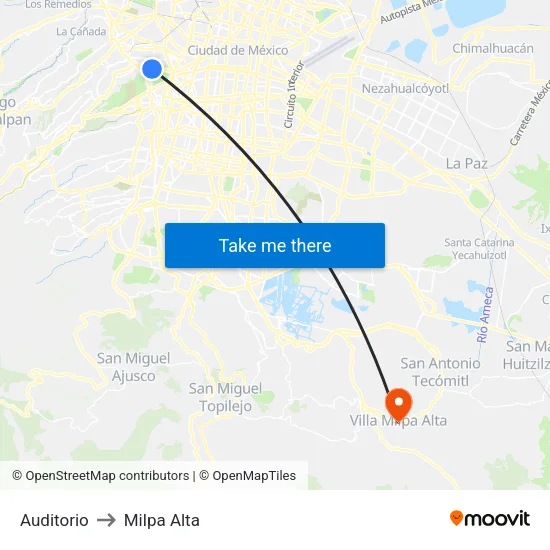 Auditorio to Milpa Alta map