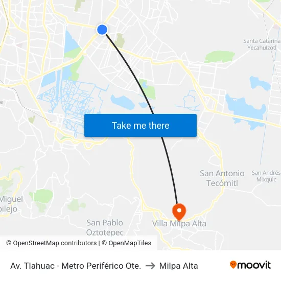Av. Tlahuac - Metro Periférico Ote. to Milpa Alta map
