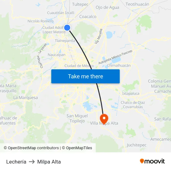 Lechería to Milpa Alta map