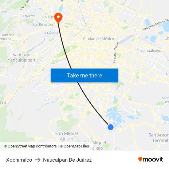 Xochimilco to Naucalpan De Juárez map