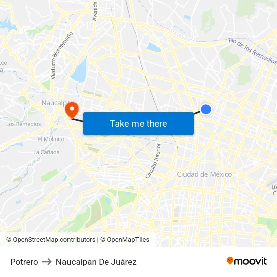 Potrero to Naucalpan De Juárez map