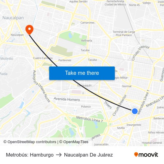 Metrobús: Hamburgo to Naucalpan De Juárez map