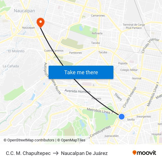 C.C. M. Chapultepec to Naucalpan De Juárez map