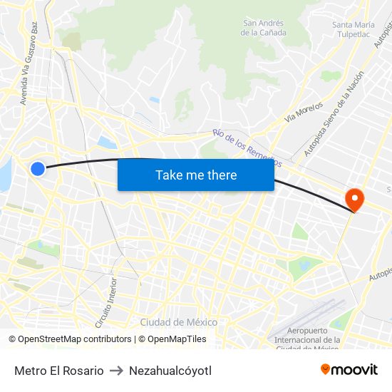 Metro El Rosario to Nezahualcóyotl map