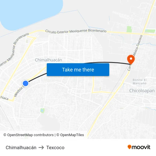 Chimalhuacán to Texcoco map