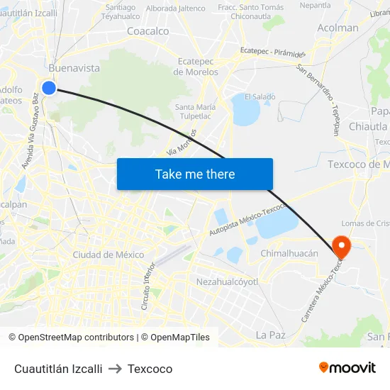 Cuautitlán Izcalli to Texcoco map