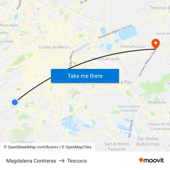 Magdalena Contreras to Texcoco map