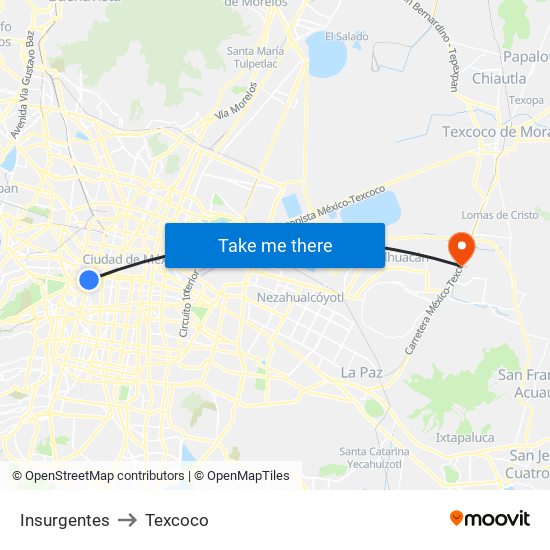 Insurgentes to Texcoco map