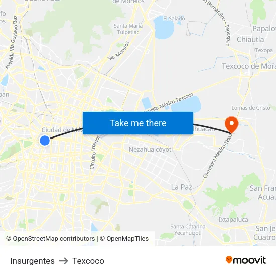 Insurgentes to Texcoco map
