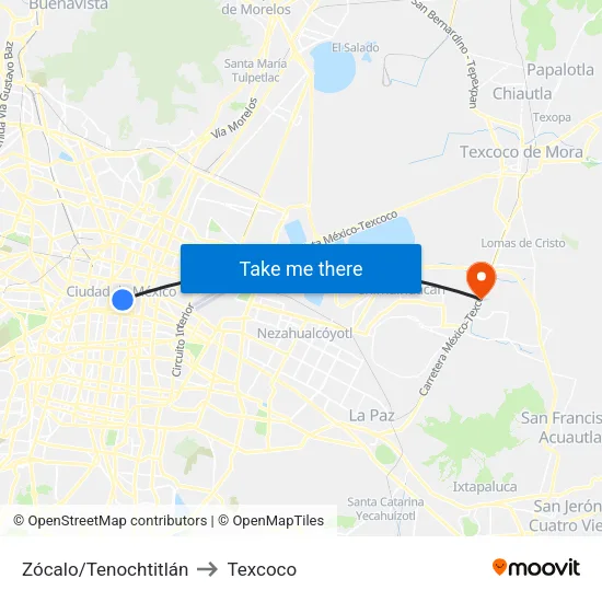 Zócalo/Tenochtitlán to Texcoco map