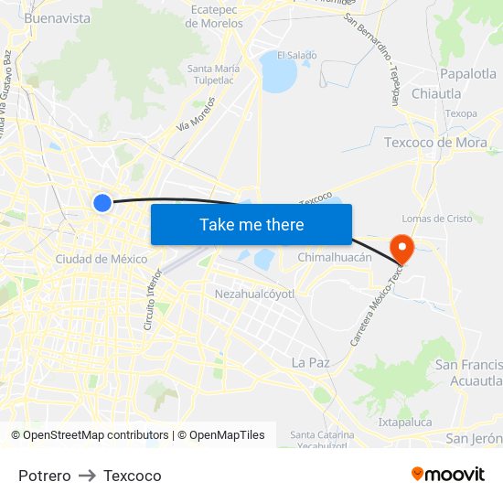 Potrero to Texcoco map