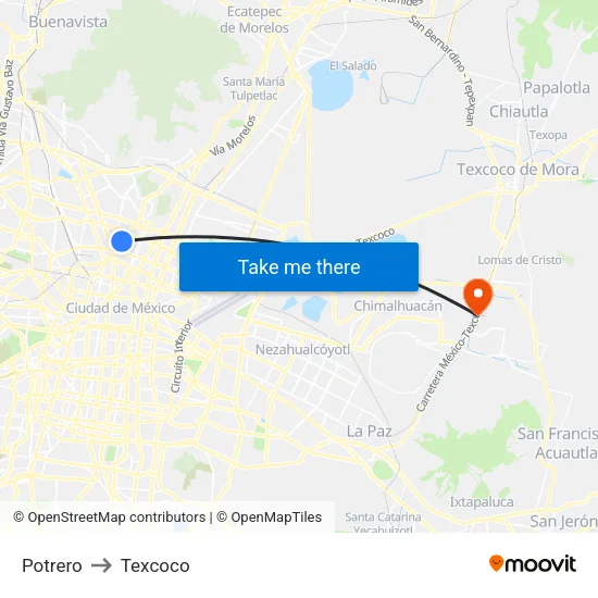 Potrero to Texcoco map