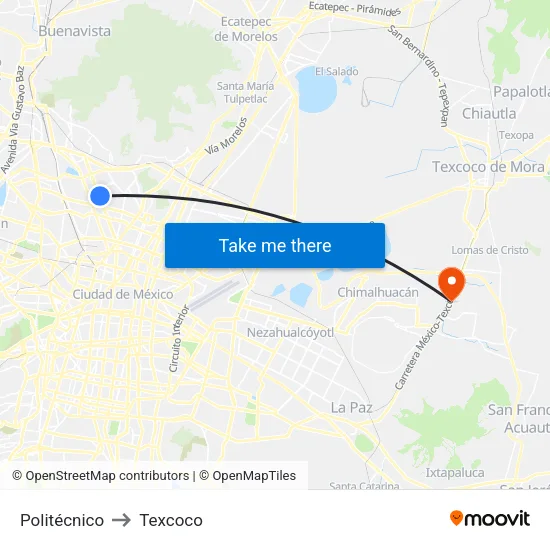 Politécnico to Texcoco map