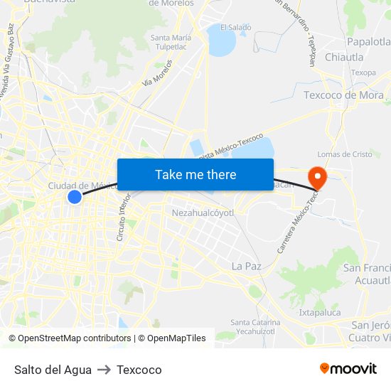 Salto del Agua to Texcoco map