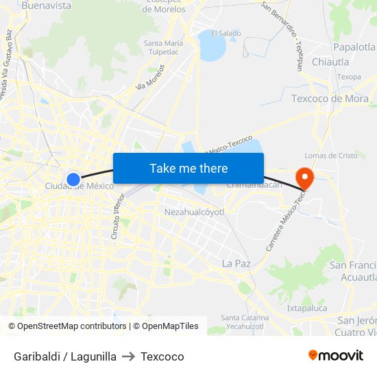 Garibaldi / Lagunilla to Texcoco map