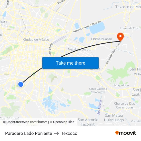 Paradero Lado Poniente to Texcoco map