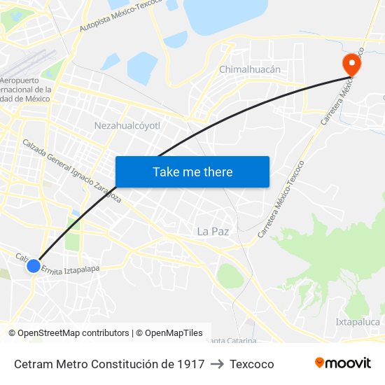 Cetram Metro Constitución de 1917 to Texcoco map