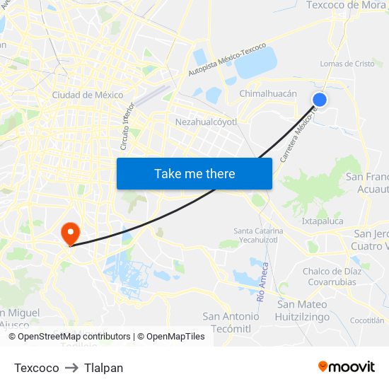 Texcoco to Tlalpan map