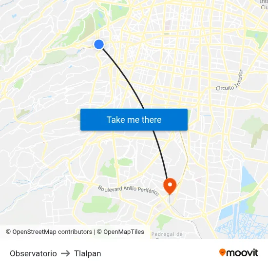 Observatorio to Tlalpan map
