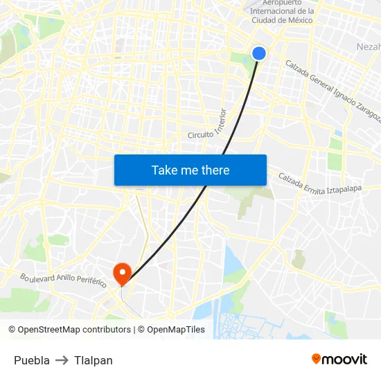 Puebla to Tlalpan map