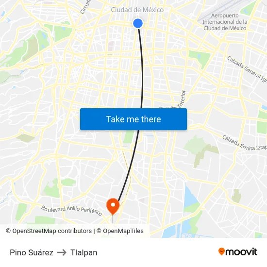 Pino Suárez to Tlalpan map