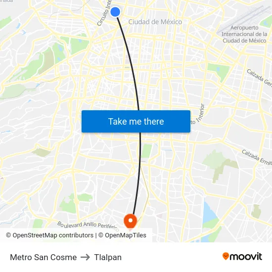 Metro San Cosme to Tlalpan map