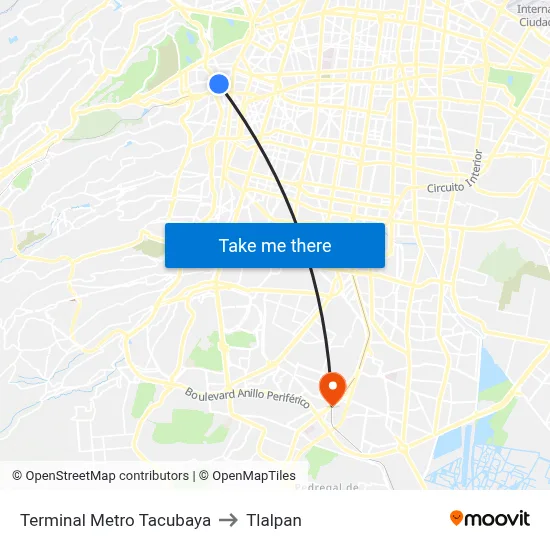 Terminal Metro Tacubaya to Tlalpan map