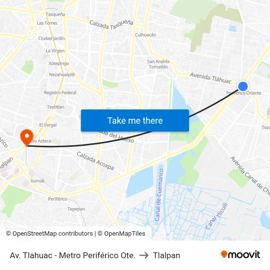 Av. Tlahuac - Metro Periférico Ote. to Tlalpan map
