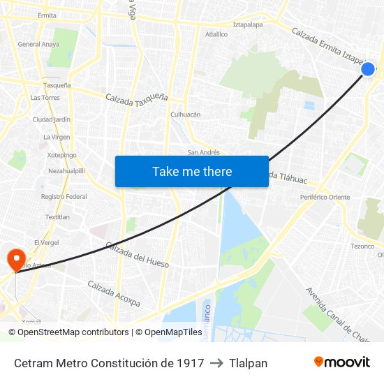 Cetram Metro Constitución de 1917 to Tlalpan map