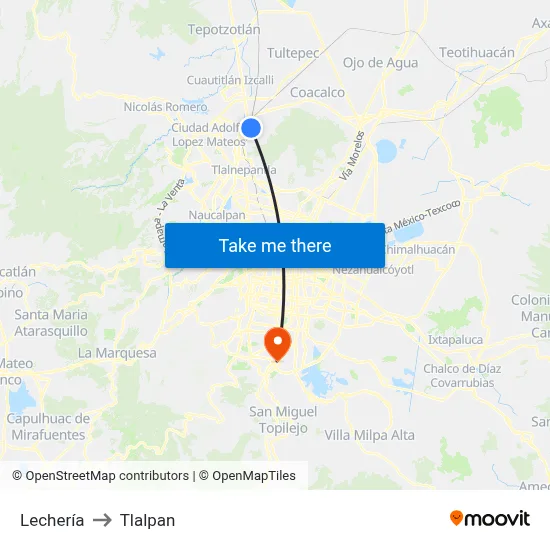 Lechería to Tlalpan map