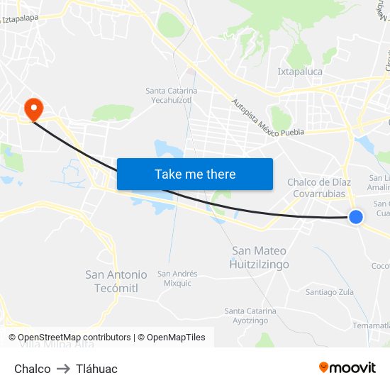 Chalco to Tláhuac map