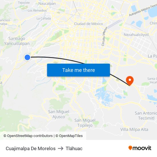 Cuajimalpa De Morelos to Tláhuac map