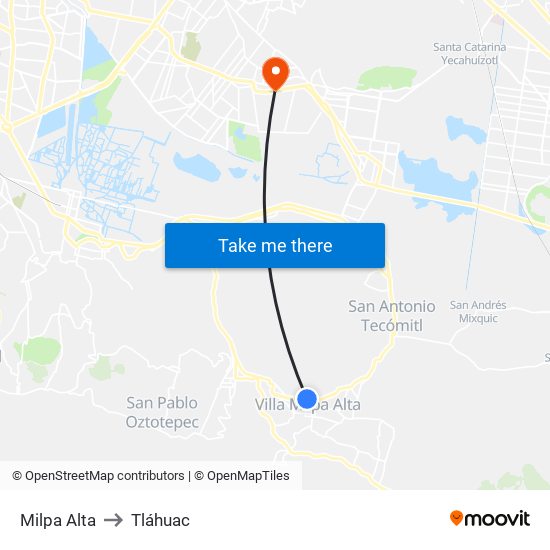 Milpa Alta to Tláhuac map