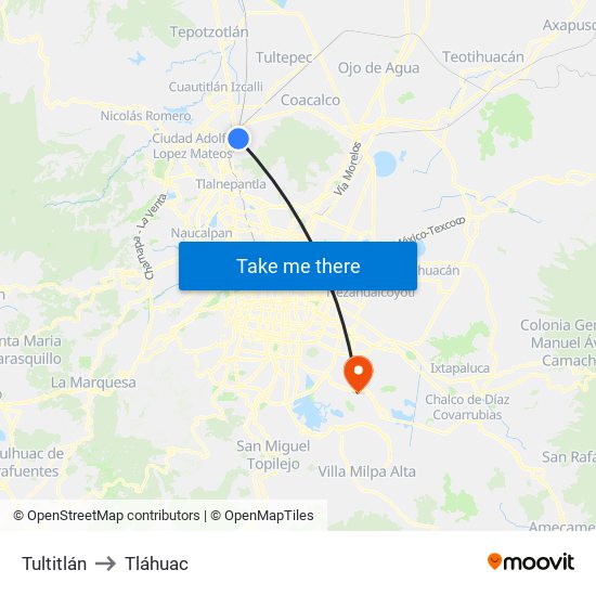 Tultitlán to Tláhuac map