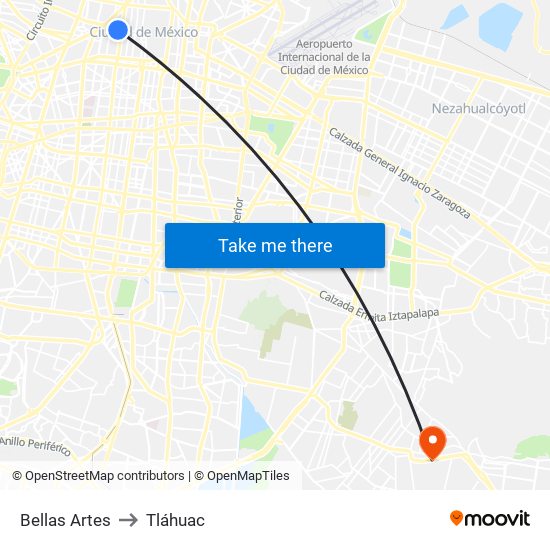 Bellas Artes to Tláhuac map