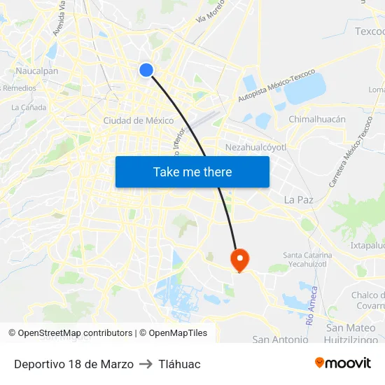 Deportivo 18 de Marzo to Tláhuac map