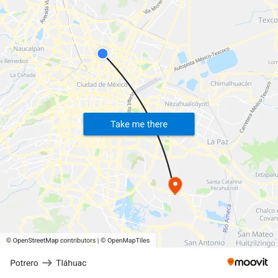 Potrero to Tláhuac map