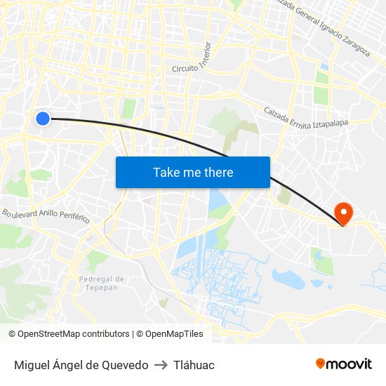 Miguel Ángel de Quevedo to Tláhuac map