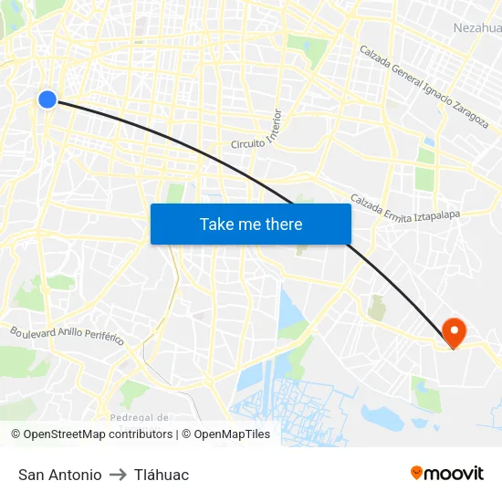 San Antonio to Tláhuac map