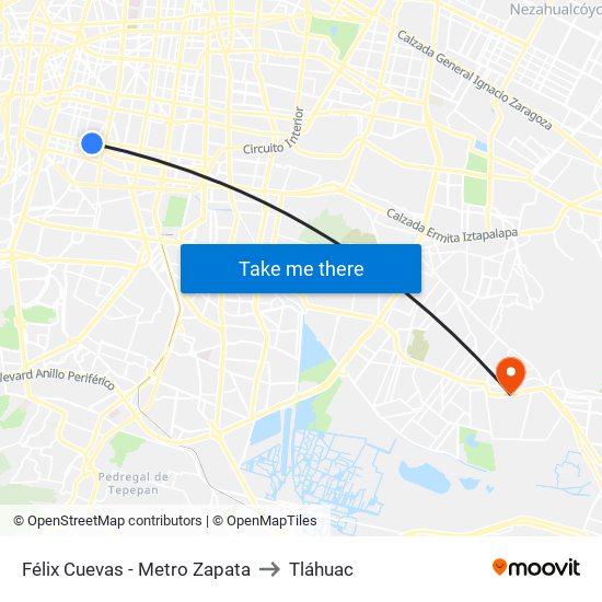 Félix Cuevas - Metro Zapata to Tláhuac map