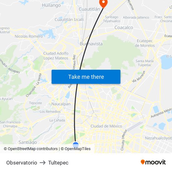 Observatorio to Tultepec map