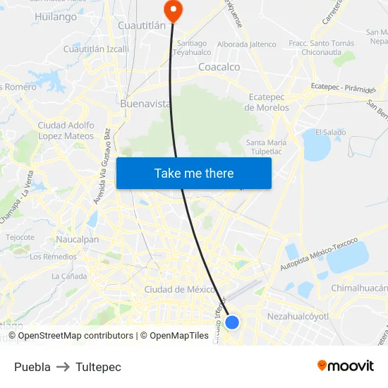 Puebla to Tultepec map