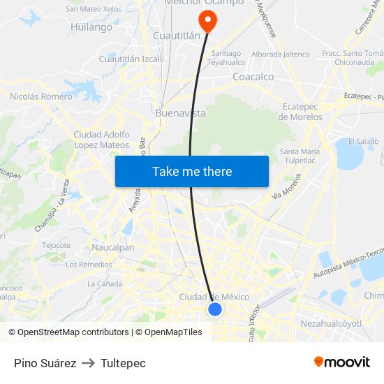 Pino Suárez to Tultepec map