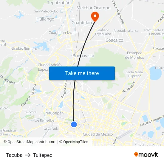 Tacuba to Tultepec map